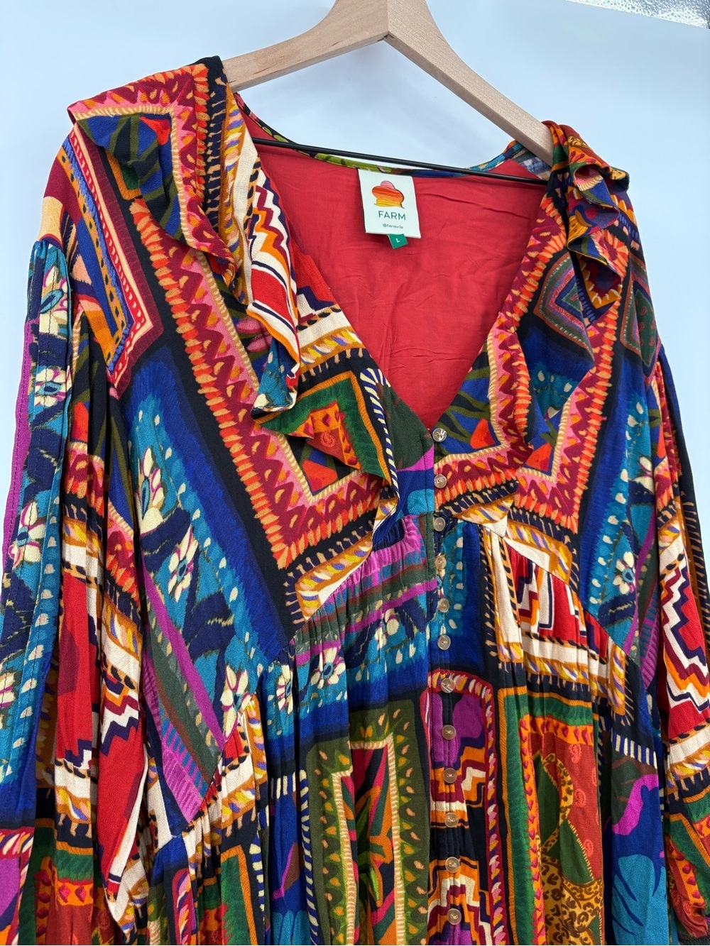 Farm Rio Patchwork Tapestry Ankle Maxi Dress Size L Ruffle Boho - Picture 11 of 16